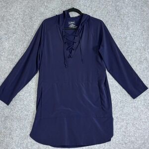 LL Bean Cover Up Women Small Beach Hooded Tunic Blue Kangaroo Pocket UPF 50